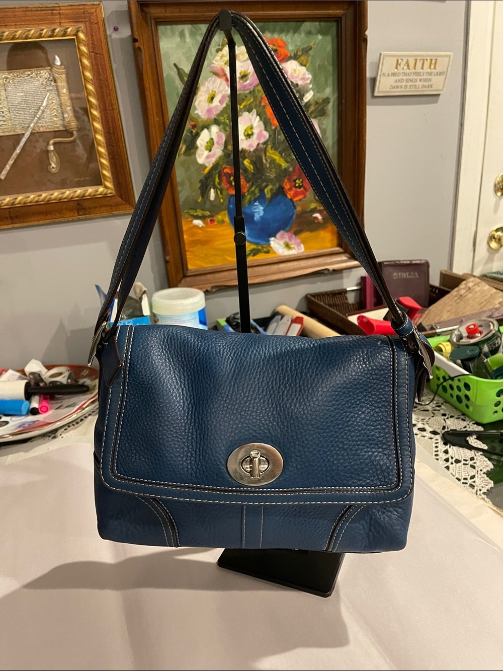 Coach Hamilton Flap F13957 Blue Pebbled Leather Crossbody Silver Turnlock